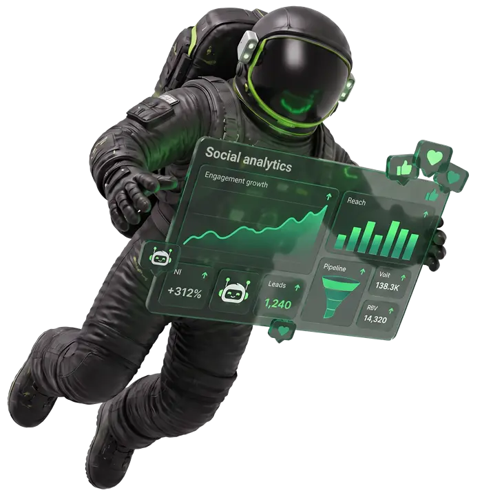 Astronaut holding a social analytics dashboard