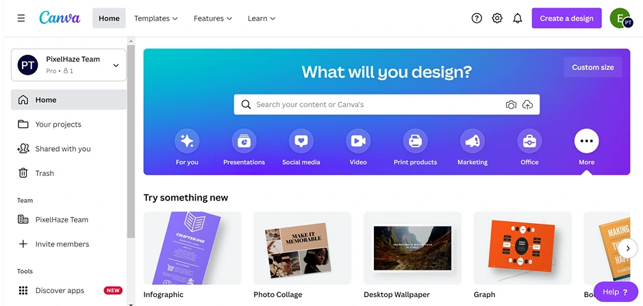 Canva Home page
