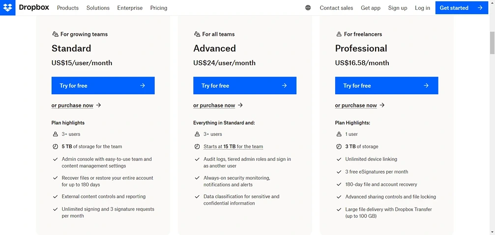 dropbox pricing page 
