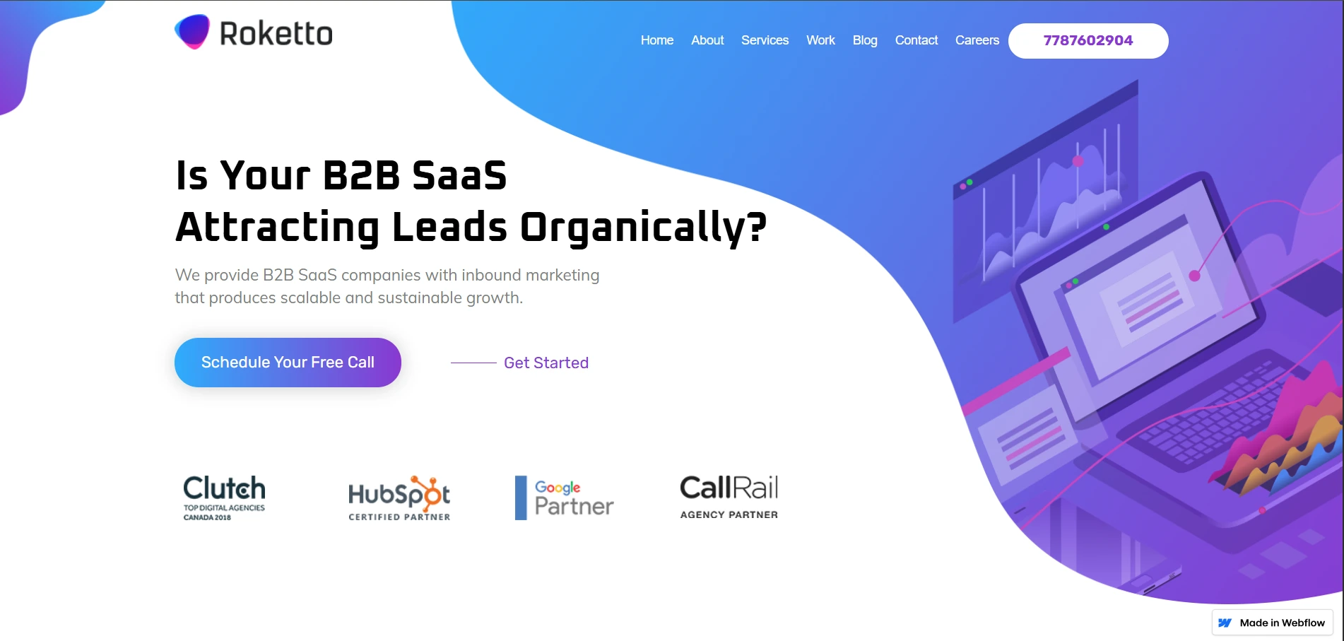 Roketto website homepage banner featuring the tagline about inbound marketing for B2B SaaS growth, with a "Schedule Your Free Call" button.