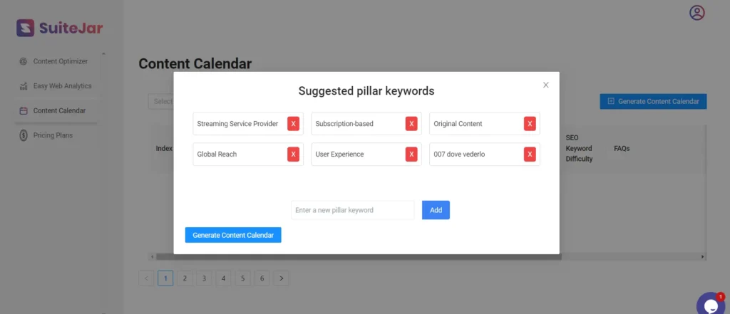 SuiteJar content calendar keywords adding feature