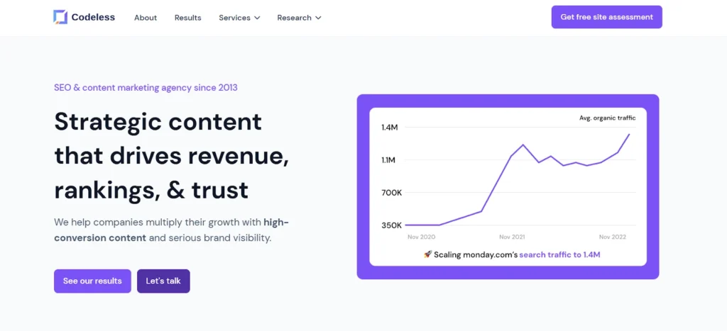 Codeless saas seo agency home page
