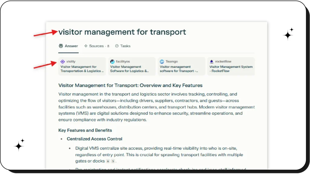 Perplexity AI search result showing an overview for “visitor management system for iPad” with highlighted key features and linked business listings.