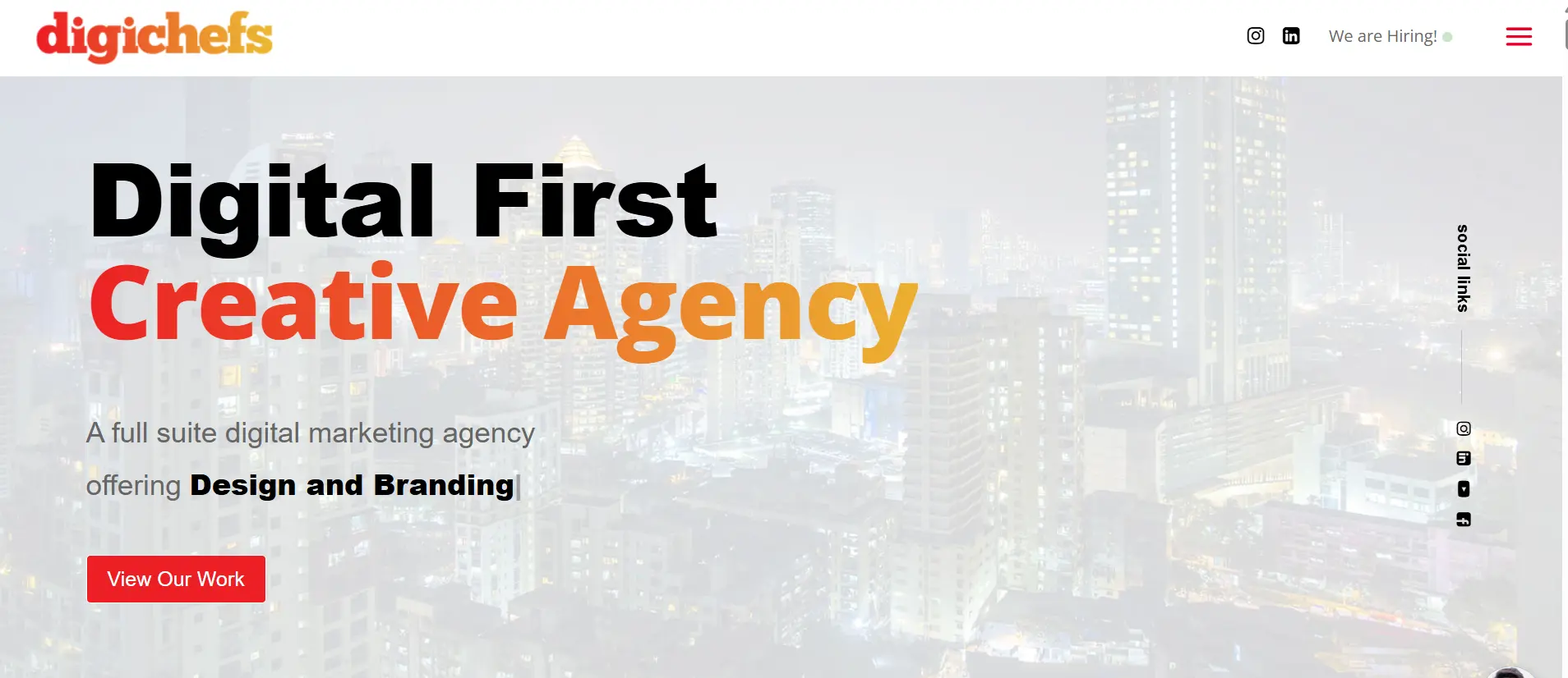 Digichef's homepage showcasing its Digital & AI First Creative Agency with a city skyline background.