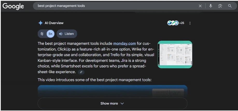 Google search results page showing an AI Overview summary at the top