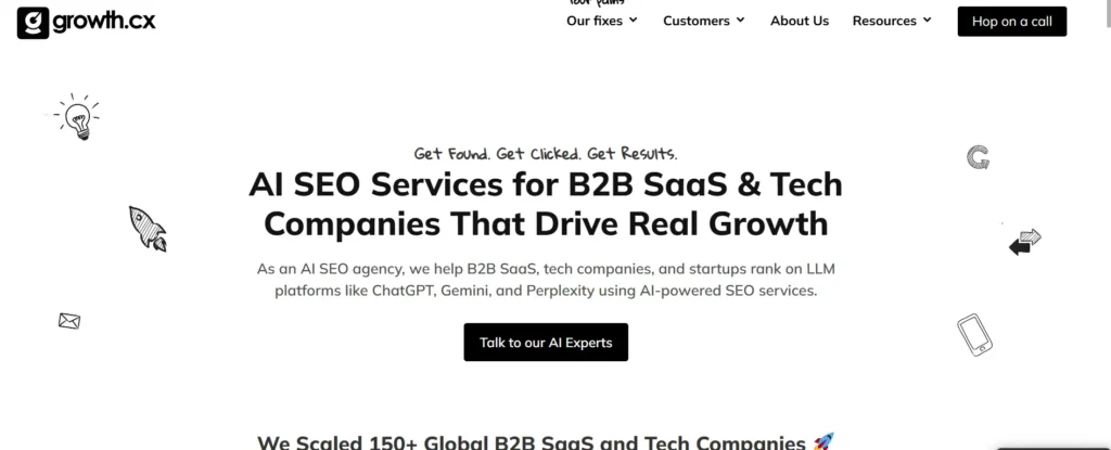An image of growth.cx’s homepage showing AI SEO services for B2B SaaS &Tech companies.
