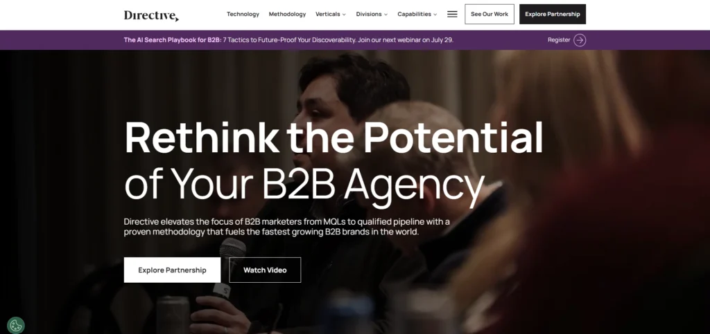 Directive homepage hero with headline, CTA buttons, and business event background.
