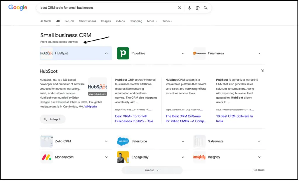 The image shows Google search results for the term CRM, including a definition, CRM software options, pricing comparisons, and related questions.