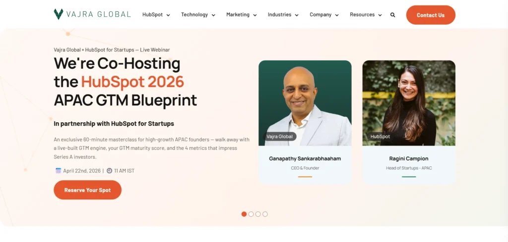 Showing home page Vajra Global b2b saas product marketing agency
