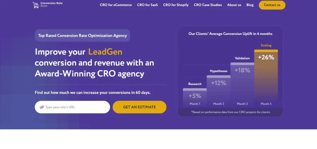 Conversion Rate Store homepage promoting LeadGen conversion optimization services and revenue growth. 
