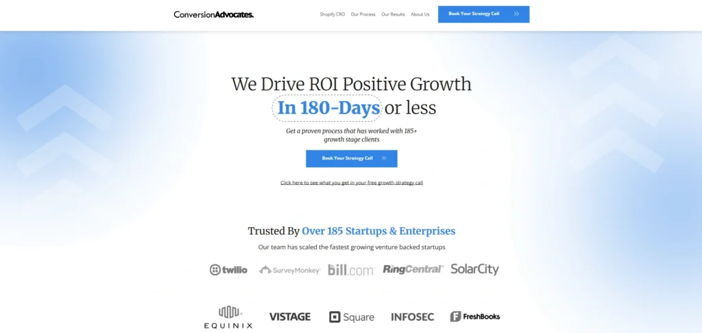 Conversion Advocates homepage highlighting its 180-day ROI-positive growth promise. 
