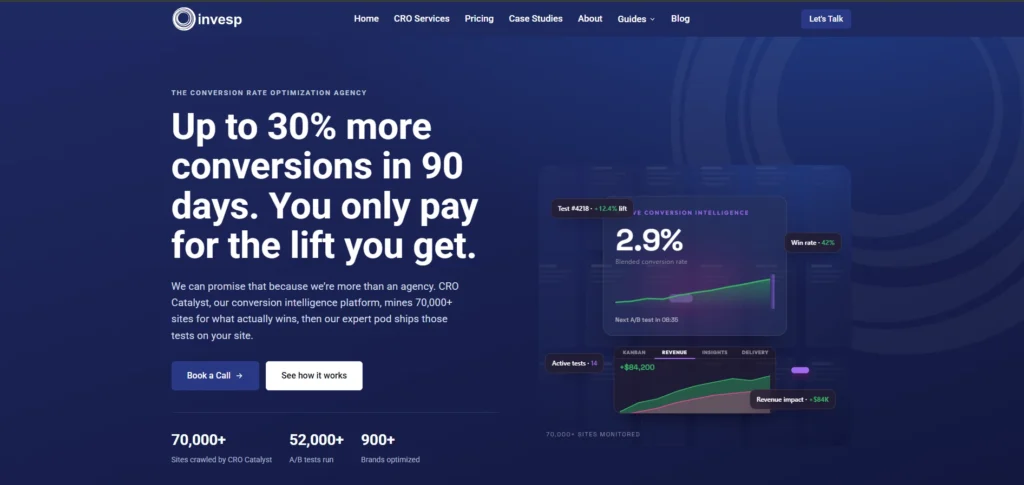  Invesp homepage highlighting its promise to increase conversions by up to 30% in 90 days.  