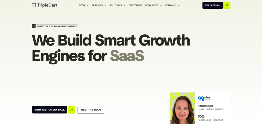 TripleDart homepage showcasing SaaS growth services
