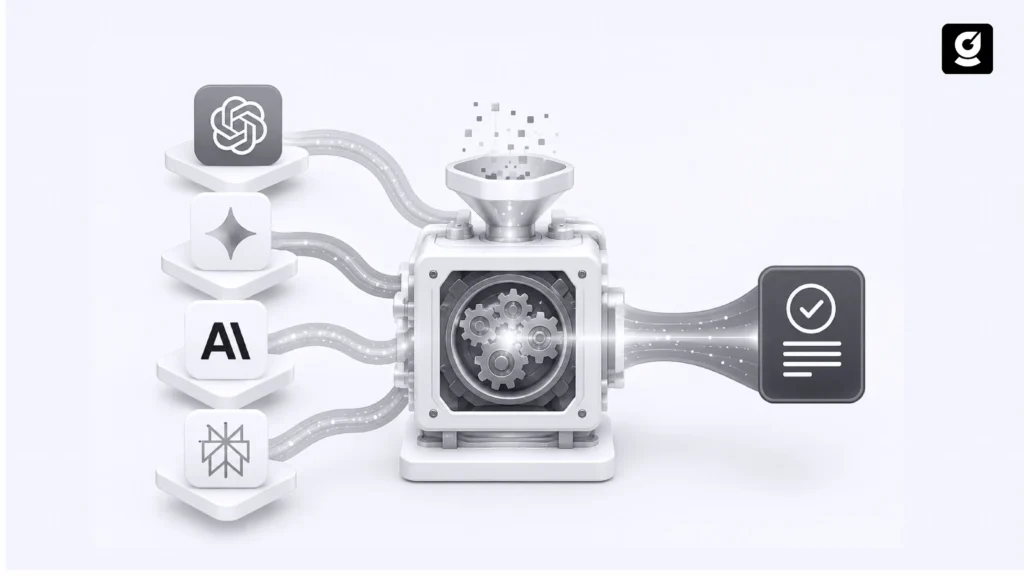 Illustration showing content optimized to appear in AI-generated answers across multiple AI search platforms