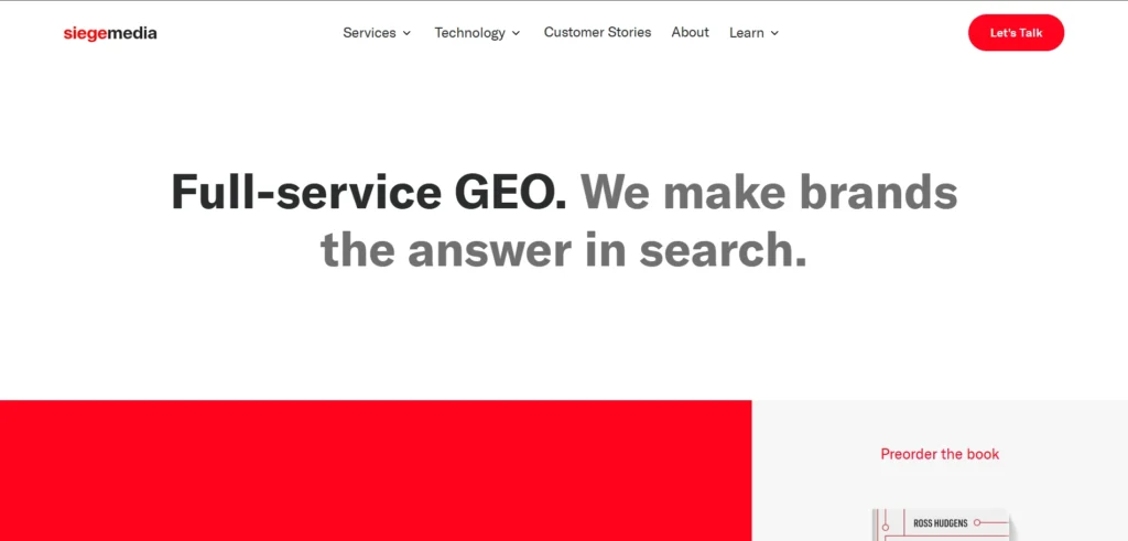 Siege Media Homepage Highlighting Full-Service GEO and Search Visibility Services 
