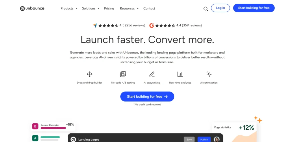  Unbounce homepage promoting AI-powered landing pages and conversion optimization tools.