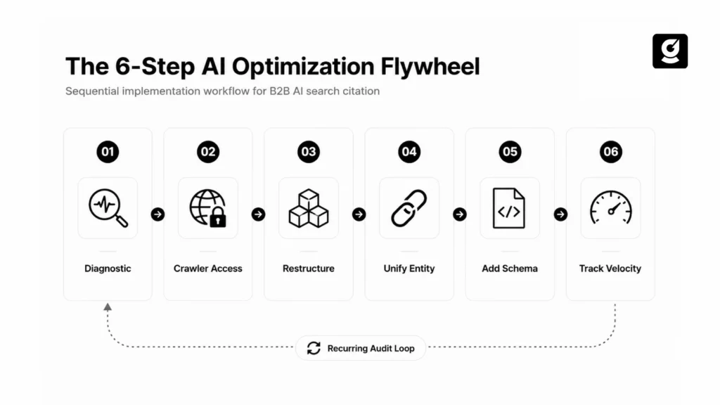 Flowchart of the 6-step AI search optimization process, highlighting crawler access as the essential first gate.