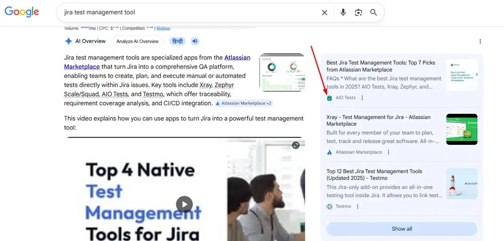 growth.cx helps AIO Tests appear in AI Overviews for the keyword “Jira test management tool