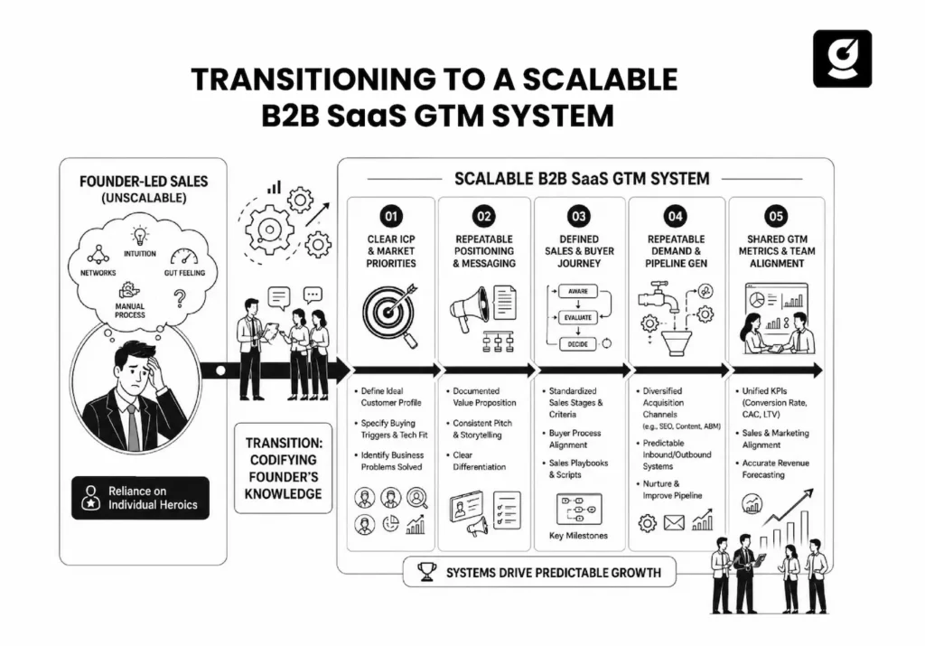 Infographic showing the transition from founder-led sales to a scalable B2B SaaS GTM system.