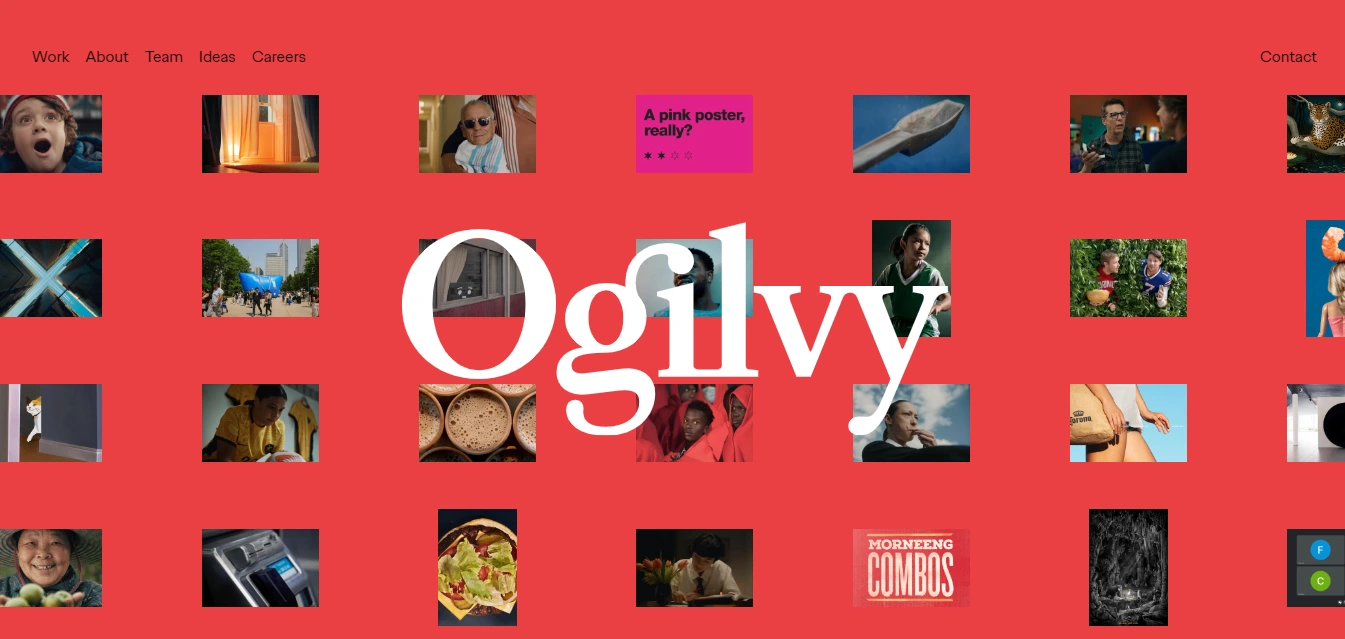 Ogilvy homepage featuring a red background, brand logo, campaign thumbnails, and a cookie consent banner.