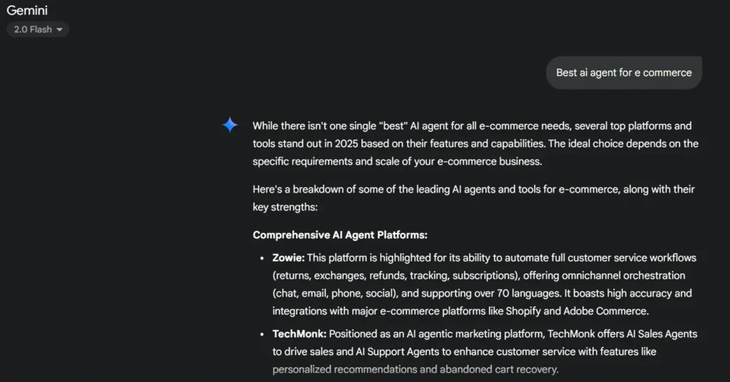 growth.cx helps TechMonk appear in ChatGPT results for the keyword “best AI agent for ecommerce”