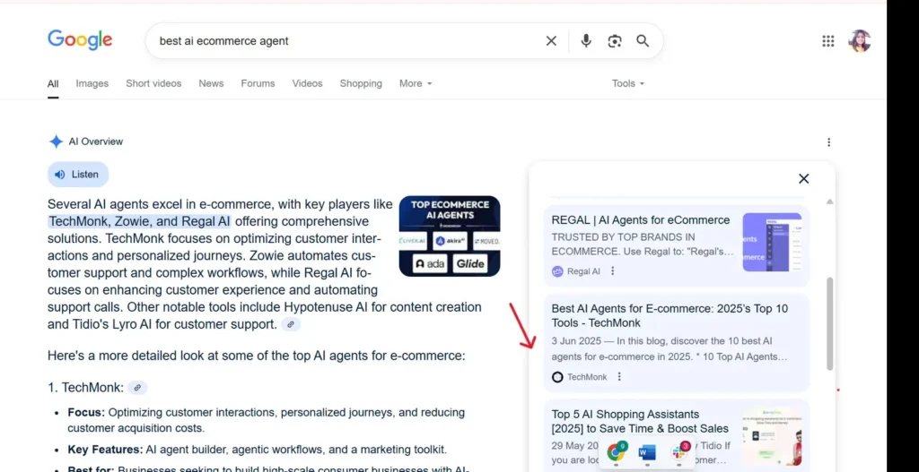 growth.cx helps TechMonk gain visibility in AI Overviews for the keyword “best AI ecommerce agent