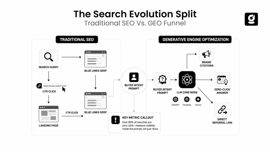 Infographic comparing linear Traditional SEO vs GEO funnel
