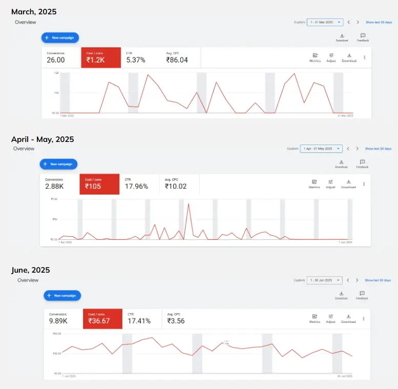 Optimized campaigns based on search term analysis and landing page behavior.