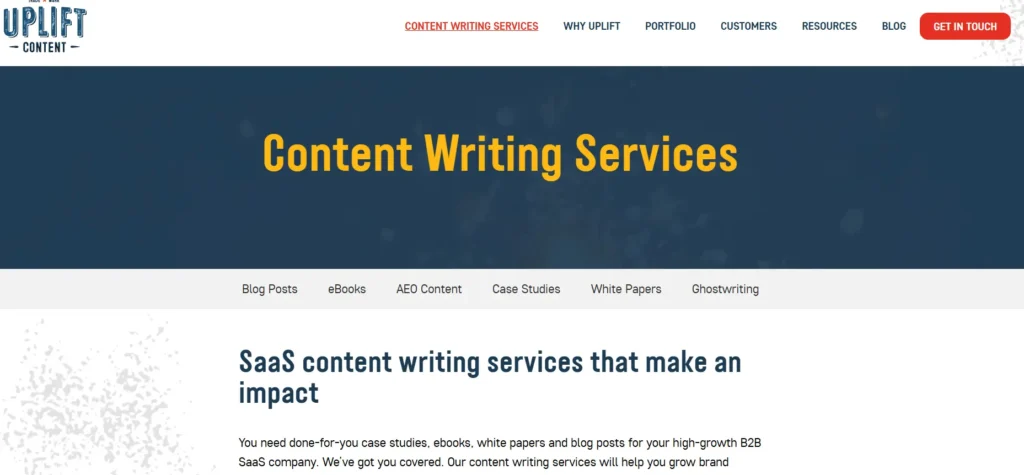 Uplift Content saas content marketing agency home page